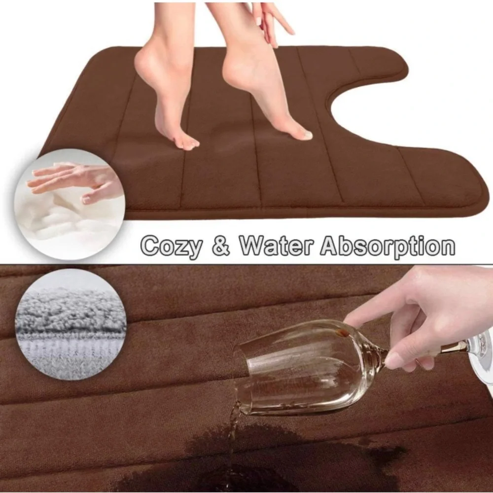 Memory Foam Toilet Bath Mat U-Shaped, Dark Brown, Soft and Comfortable